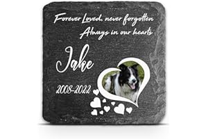 TULLUN Targa commemorativa personalizzabile per animali domestici, gatti, cani, in ardesia, con cornice in pietra e zampe, dimensioni 10,2 x 10,2 cm o 100 x 100 mm, foto a forma di cuore