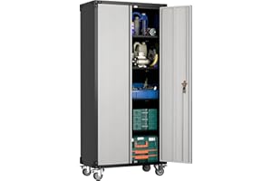 SUPEER Armario de metal con ruedas con cerradura y 4 estantes ajustables en altura, chapa de acero con recubrimiento en polvo, armario de acero con cerradura para herramientas, garaje, 183 x 80 x 40