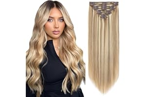 ELAILITE Clip in Hair Extension Human Hair Double Weft Real Remy Hair - 8 Pieces Full Head Straight (14"-120g, #12/613 Golden Brown Mix Bleach Blonde)