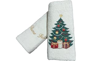 RICAMI FIORENTINI BALDI Idea Regalo Natale. Set 2 Asciugamani Viso + ospite, Spugna di Cotone 100% con Ricamo Natale. Made in Italy (Albero)