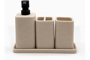 ZCCZ Badezimmer Set 4 Teile – Badezimmer Organizer mit Zahnbürstenhalter, Zahnputzbecher, Seifenspender, Seifenschale, für Kosmetik und Wattestäbchen – Edle Badezimmer Deko, beige