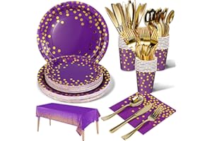 Nkaiso 141pcs Violet Or Party Vaisselle,Kit Vaisselles Anniversaire Assiette Dîner Papier Tasse Serviette, Enfants Party Fête Mariages Baby Shower Noël, 20 invités