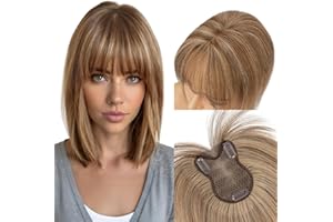 MY-LADY Topper Cabello Humano Mujer, Flequillo Postizo Pelo Natural con Aire, Hair Topper para Cabello Fino Uso Diario(Brun Moyen/Blond Foncé, 21g)