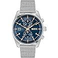 BOSS Men Skytraveller Qtz Fashion Chrono Blue Sunray Round Dial Analog Watch|Stainless Steel Material|Silver Color Band - 1514149