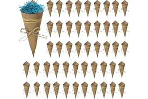 SacJkt 50 Piezas Conos Arroz Boda, Conos de Papel Kraft Vintage con Cuerda de Cáñamo Etiqueta Adhesiva, Papeles de Cono de Bricolaje para Bodas (15 x 15 cm)