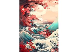 feelive Vagues Peinture Diamant Adulte, Fleurs de Cerisier DIY Diamant Kit Complet 5D Diamond Painting Artisanat Strass Point de Croix Painting pour Adultes, Enfants, Décoration Intérieur 30x40cm