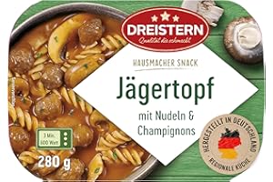 ‎DREISTERN DREISTERN Jägertopf 280g I Mit Champignons & Nudeln I Herzhaftes Fertiggericht in Mikrowellenschale I Lange Haltbarkeit dank natürlicher Konservierung I Hausmacher Qualität
