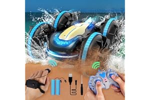 Colmanda Macchina Telecomandata Anfibia, 4WD Auto Telecomandata con 2 Batteria Ricaricabile & Guarda a distanza, 2.4GHz Remote Control Car 360° Rotazione, Giocattoli Regalo per Bambini (Blu)