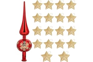 SUVEK Christbaumspitze Spitze, Weihnachtsbaum Deko Baumspitze Stern Rot Kunststoff, Gold Glitzer Ornament Christbaumschmuck Für Party, Kamin, Fenster, Tischdeko, Hochzeit, Weihnachten Baumschmuck
