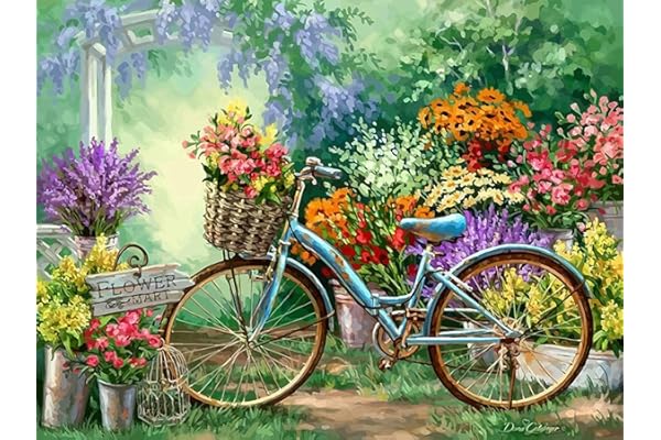 Fuumuui Pintura por Números Adultos y Niños Principiantes Incluye Pinceles y Pinturas Acrílicas 40 x 50 cm - Paisaje, Flores y Bicicleta