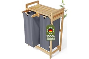 AMBIAVO® Wäschekorb 2 Fächer [blaugrau, 100% Baumwolle, Bambus, 60 l Volumen] | Wäschesammler für Schmutzwäsche| Wäsche Sortiersystem | Wäschesortierer Holz | Wäschebox | laundry baskets
