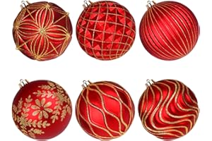 Lanpn 6 Pcs 15cm Bolas de Navidad Grandes, XXL Bola Árbol Navideñas Exterior, Esferas Navidad Plástico Inastillable de Relieve Patrón, Adornos Navideña Colgante para Hogar Jardines Patios, Oro & Rojo