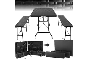 TecTake® Ensemble de Table Pliante Camping ou de Pique Nique et 2X Banc de Jardin en Acier Aspect Rotin, Compacte Table a Manger Tables à tapisser avec Poignée de Transport idéal Brocante