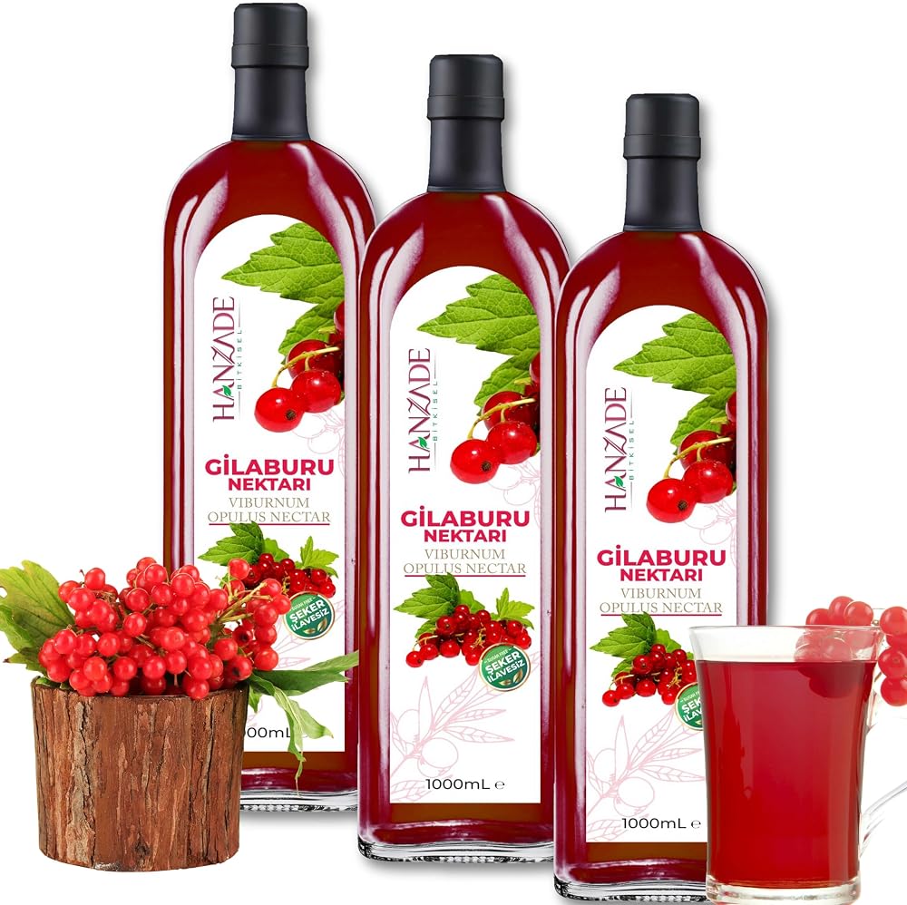 Hanzade Bitkisel Gilaburu Suyu Nektarı 1 Litre x 3 Adet Şeker İlavesiz Cam Şişe