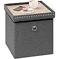 Bonlife Folding Ottoman Storage Cube,Toy Chest Box with Lid,Coffee Table with Tray,Footstool Seat for Living Room,Grey,Linen,40X40X40CM