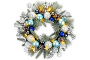 YULETIME 20-inch Christmas Wreath, Battery Operated Holiday Wreath with 20 Fairy Lights, Baubles, Berries, Pine Cones, Leaves, Frosted Spruce Branches and Pine Needles (Blue)