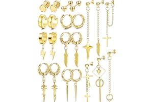 JeryWe 22Pcs Dangle Earrings for Men Stainless Steel Hinged Hoop Earrings Long Chain Stud Cross Dangle Earrings Set Kpop Earrings for Mens
