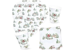 BFB Christmas Party Plates Napkins Cups Set Snowhouse Disposable Paper Plates for 16 Person