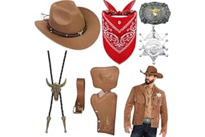 Saier tbo 8 Pièces Cowboy Costume Accessoires Set, Marron Cowboy Fancy Dress Kit avec Chapeau Bandana Insigne Ceinture Collier Vintage pour Adulte Hippie Carnaval Cosplay (Marron)