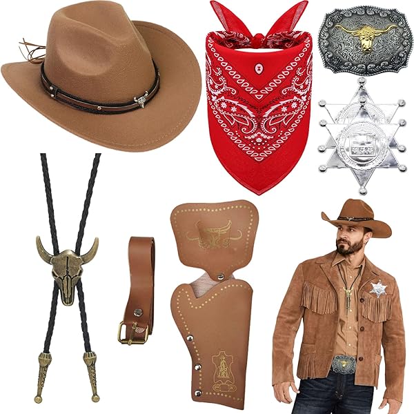 Firecos Cowboykostuum voor heren, westerse cosplay gefranjerd vest met hoed en sjaal, vintage ketting voor carnaval, hippie kostuumset voor volwassenen (kaki, XL