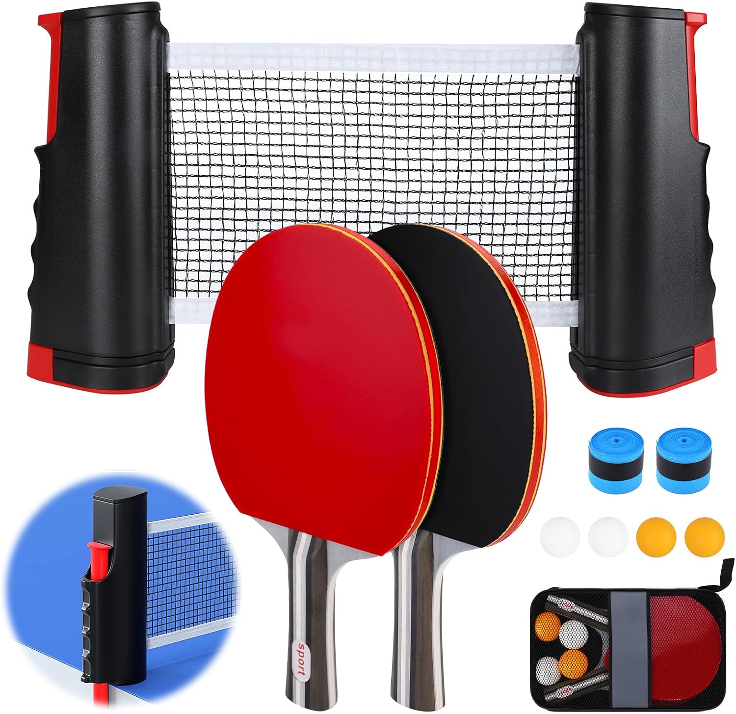 BBWELL Sets de Ping Pong,2 Raquetas de Ping Pong,4 Pelotas (2 Amarillas,2 Blancas),Red Plegable,2 Cintas para el Mango y Bolsa de Transporte,Set Completo portátil,Ideal para Interior y Exterior