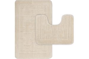 LS DECOR Luxury 2 Piece Block Bath Mat Set Non Slip Ultra Soft Bathroom Mats Water Absorbent Bath Mats Machine Washable Rug Toilet Mat for Bathroom Floor (CREAM)