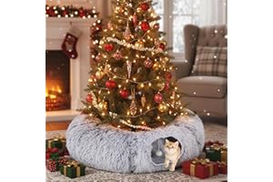 PawHut Cat Tunnel for Indoor Cats, 90cm Large Donut Play Tunnel Bed with Washable Cushion, Toy Ball and Door Hole, Pet Play Rabbit Tube Toy, Light Grey