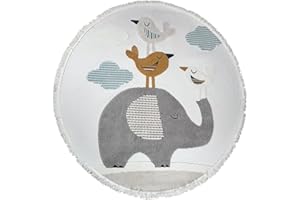 RUGURA Alfombra Infantil Redonda Habitación Niña Niño Dormitorio Animales Elefante Nubes Estrellas Arcoiris 160cm Gris Marrón Ocre Azul