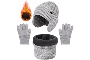 TAGVO Gorro Bufanda Guantes invierno Set para Niños 4 a 10 Años, 3-in-1 Gorro de punto Bufanda de lana Guantes de Táctiles Sets Niños, Sombreros de Invierno con orejeras Sets para niños y niñas