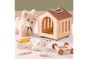 ROBOTIME Dog Pull Along Toy with Removable Wheels, Soft Cuddly Dog Toy with Wooden Dog House, Dog Food Bowl, Plush Drumstick, Wooden Comb, Interactive Pretend Play Set for Toddlers 2 Years+