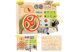 Joollurm Montessori Busy Board with Simulated Steering Wheel and Car Start Sound Effects, Wooden Fidget Board with LED Light Switches, Travel Toy Gift for Kids 3+ Years Old