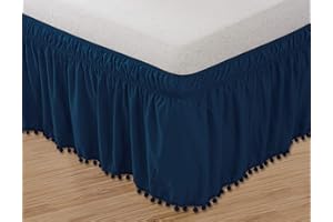 Elegant Comfort POM-POM-BedSkirt-Queen/King Navy Top-Knot Tassle Pompom Fringe Ruffle Skirt Around Style Elastic Bed Wrap-Wrinkle Resistant 16" Drop, Queen/King, Navy Blue