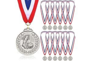 DONRIME Medallas de fútbol para niños, paquete de 12 medallas de metal plateado con cinta de nailon tricolor, recuerdos de fiesta de fútbol para niños y adultos