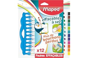 Maped - 12 Feutres Effaçables à Sec Marker’Peps Innovation - Feutres Ardoises et Tableaux Blancs - Pointe Moyenne Bloquée - La fin des bouchons perdus !