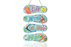 HPNIUB Life is better at the pool Hanging Sign,Summer Beach Seaside Ornaments Wall Art,Beach Themed Room Decor,Coastal Decor Beach Hut Accessories Seaside Bathroom Accessories,4PCS,28 * 11cm