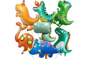 JOBKOO 7PCS Giant Cute Dinosaur Balloons for Dinosaur Birthday Decorations - Aluminum Mylar Helium Balloons for Dino Jungle Party Supplies