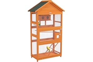 PawHut Cage à Oiseaux en Bois, Cage Perroquet, Aire de Jeux, volière Oiseaux extérieur, Toit Asphalte imperméable, pour Perruche, calopsitte, Conure, canaris, 92 x 52 x 171 cm, Orange
