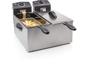 ‎TRISTAR Tristar Edelstahl Doppel-Fritteuse - 6 Liter, 2 x 1800 Watt, mit Kaltzonenfunktion und regelbarer Heizstufe, FR-6937, Metallic