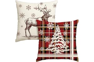 Artoid Mode Lot de 2 housses de coussin décoratives pour canapé, motif à carreaux, sapin de Noël, renne et flocons de neige, 40 x 40 cm, rouge