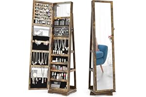COSTWAY Armadietto Portagioielli Autoportante Girevole con Specchio, Specchio a Figura Intera Organizzatore per Gioielli, Porta Richiudibile a Chiavi, 161x39x39cm (Industriale, 39 x 39 x 161 cm)