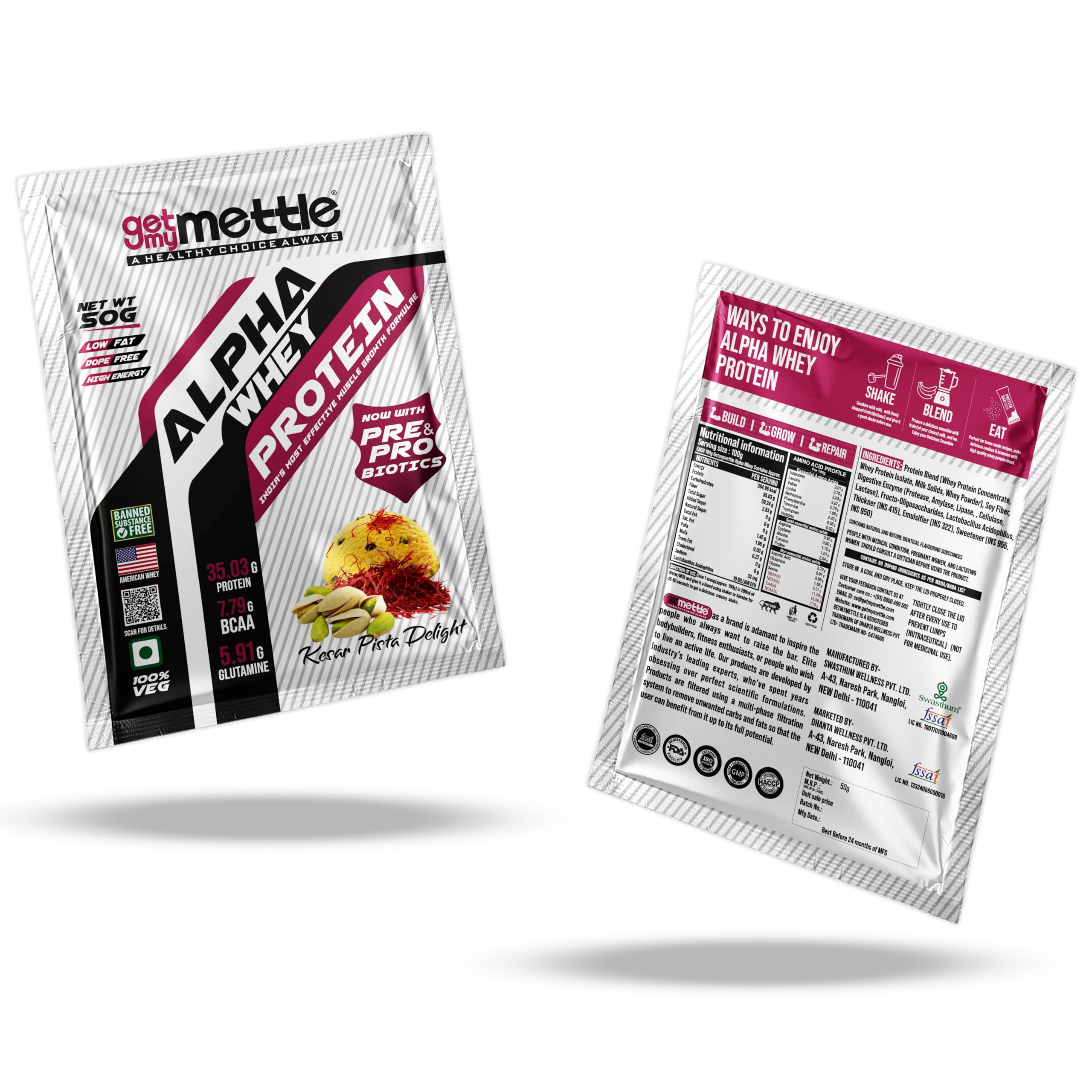 Getmymettle| Alpha Whey Protein|35.06G Protein|Whey Protein |Kesar Pista Delight, 50G