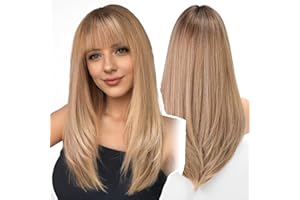 WOKESTAR Long Straight Wigs for Women with Fringe, Layered Synthetic Ash Blonde with Dark Roots Color Wigs for Women