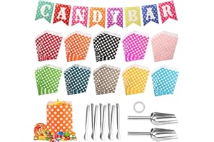 GOTDYBST Pack of 107 Candy Bar Accessories, Contains 100 Candy Bar Bags and 4 Sugar Tongs with Round Tip, 2 Candy Bar Scoops and 1 Colour Candy Bar Decoration Garland, Suitable for Parties (Colour)