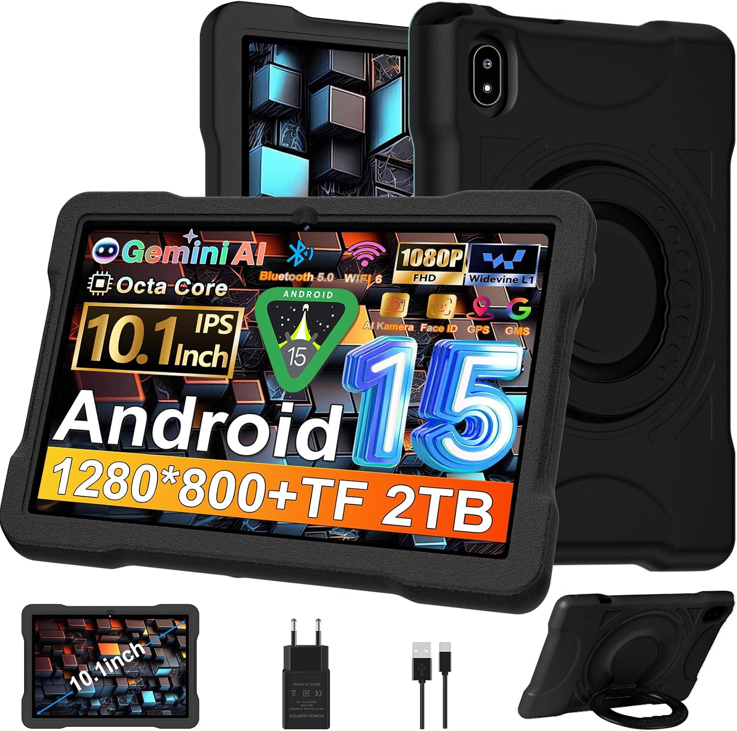 Tablet 10 Pulgadas con 30GB RAM+TF 2TB, Octa-Core 2.0Ghz/GMS, Widevine L1/5G WiFi/Bluetooth 5.0, Juegos Educativos, 5MP+8MP/1280*800, Newest Android 15 tablet Niños con Funda EVA+360° Giratorio, Negro