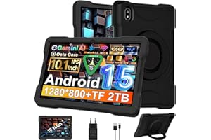 UJJ Tablet 10 Pollici Android 15 con 30GB RAM+TF 2TB,Octa-Core 2.0 Ghz, Gemini AI/Widevine L1, 5G WiFi/Bluetooth 5.0, 1080*800/5MP+8MP, Newest Tablet Bambini con Caso EVA + Staffa girevole a 360°, Nero