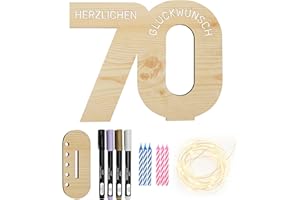 COBUS CozyHome, libro degli ospiti in legno, 70° compleanno, decorazione – Include catena luminosa + 6 candele e 4 penne, decorazione 70° compleanno, uomo 70° compleanno, donna e uomo, regalo per 70°