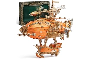 FUNPOLA LED Puzzle 3D en Bois Modèle de dirigeable - Steampunk Maquette en Bois à Construire avec lumières LED - Construction de maquettes de dirigeables pour Adultes (Orange)