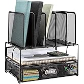 Amazon Basics – Schreibtisch-Organizer aus Metallgeflecht, mit Schublade, doppelter Ablage und 5 senkrechten Bereichen, schwa