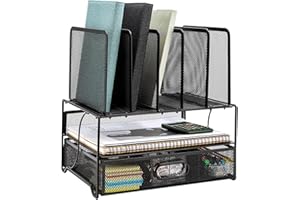 Amazon Basics Module de rangement - trieur de bureau grillagé, avec tiroir coulissant, deux plateaux et 5 divisions verticales, noir