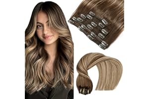 ‎VINBAO VINBAO Clip in Extensions Echthaar Balayage Schokoladenbraun bis Karamellblond Clip in Human Hair Extensions Clip in Echthaar Extensions Clips Haarverlängerung 16 Zoll 100g 6Stück (#4/27/4,40cm)